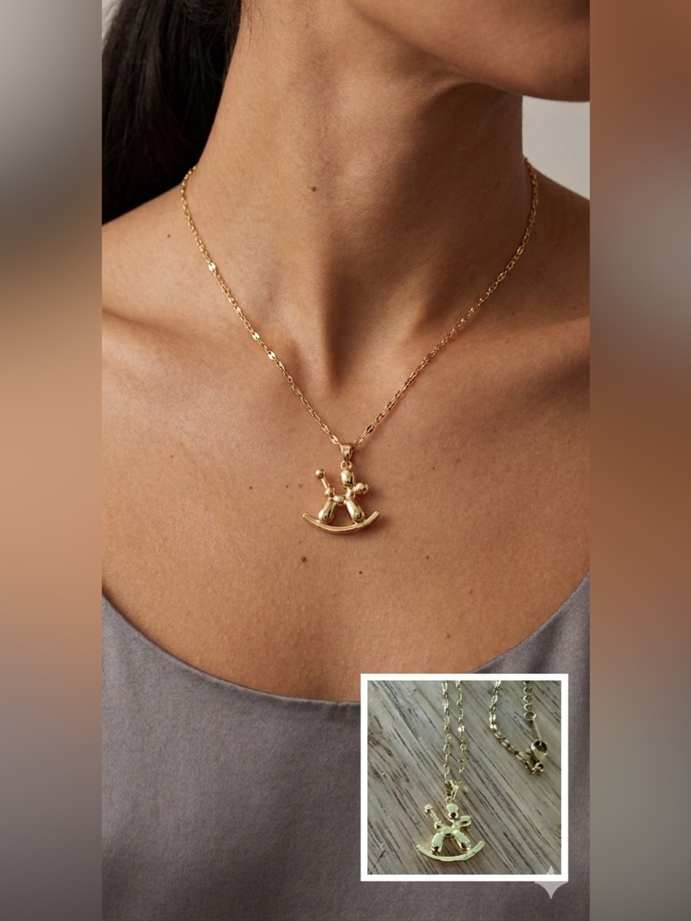 Gold Rocking Horse Pendant Necklace - Gold like Tone